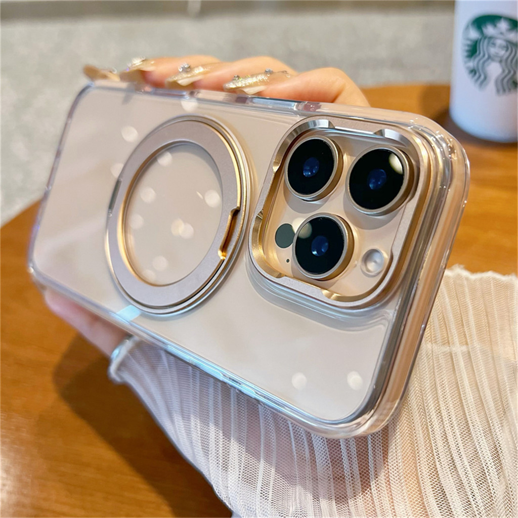 Desert Titanium หมุน Kickstand เคสโทรศัพท์สําหรับ iPhone 15 14 13 16 Pro Max 16 Plus อะคริลิคใสขาตั้งแม่เหล็กฝาครอบ