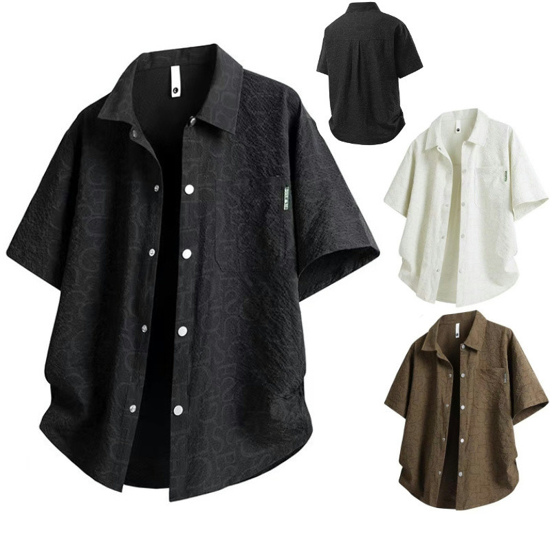 PannoFluxus เสื้อเชิ้ตผู้ชายแขนสั้นแฟชั่นสไตล์ญี่ปุ่นเรียบง่ายหลวมสบายๆคุณภาพสูงสไตล์เป็นกลาง