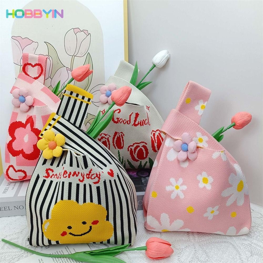 HOBBYIN Knot กระเป๋าข้อมือ, ถักดอกไม้เย็บปักถักร้อย Tote Bag, Casual ความจุขนาดใหญ่ Handmade กระเป๋าช้อปปิ้งสําหรับผู้หญิงสาว