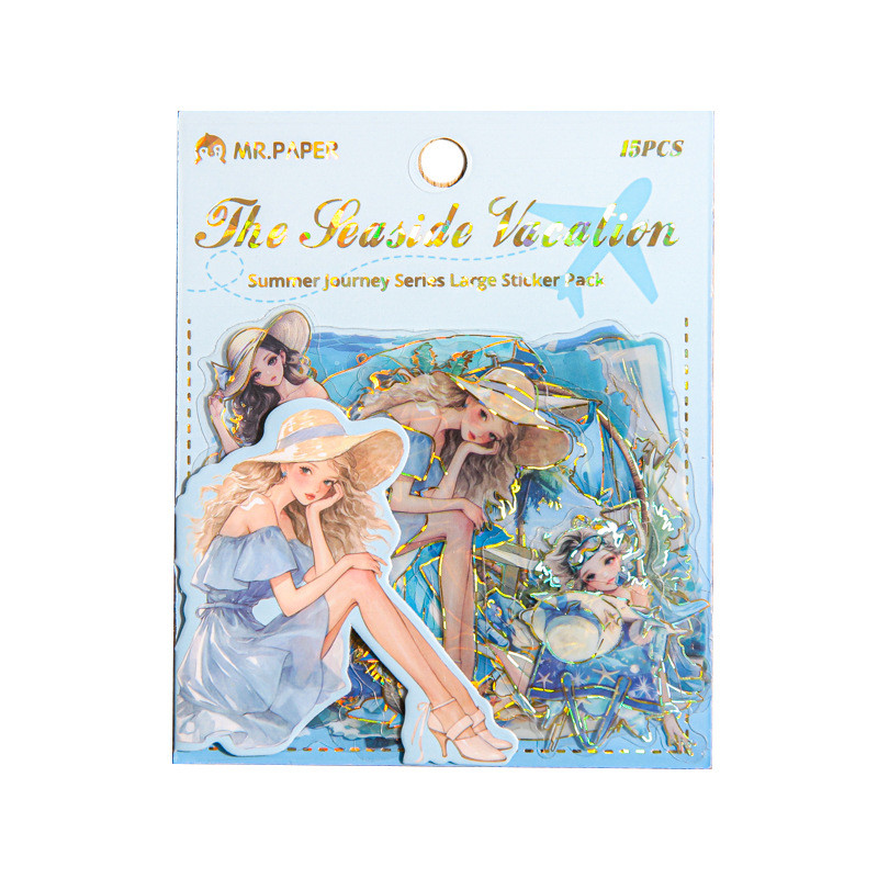 กระดาษ Mr. Paper 30 ชิ้น/ถุง สติ๊กเกอร์กันน้ำ PET ขนาดใหญ่ แพ็คสติ๊กเกอร์ฤดูร้อน ชายหาด ธีมวันหยุดริมทะเล รูปแบบตัวละครสาว สติ๊กเกอร์ไดอารี่ การ์ดอวยพรสร้างสรรค์ ถ้วยไดอารี่ตกแต่ง