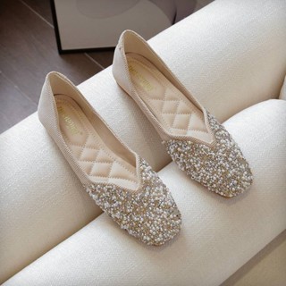 🌟ประณีต Rhinestone เพิร์ลตกแต่งหัวสแควร์ปากตื้นรองเท้าผู้หญิ…