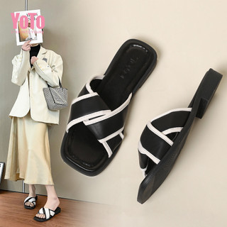 YOTO Fashion French Leather Sandals For Women 2025 Summer Braided Strap Flat Comfortable Slippers