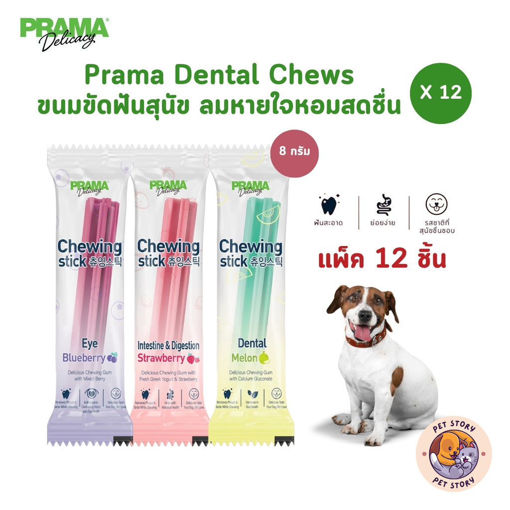 [12 ชิ้น] Prama Dental Chews ขนมขัดฟัน สำหรับสุนัข ลมหายใจหอมสดชื่น ขนาด 8 กรัม