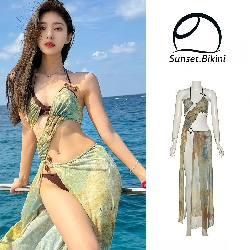 sunset.bikini🌊🌊 ชุดเที่ยวทะเล ชุดเที่ยวทะเล ชุดบิกินี่ การออกแบบสายรัด สไตล์เซ็กซี่ ผ้าแห้งไว