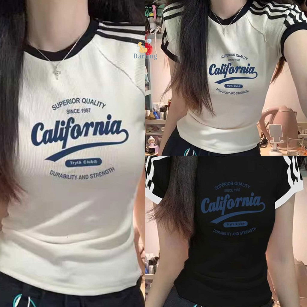 เสื้อยืดลายขวางแฟชั่นผู้หญิง ฤดูร้อน แบบสั้น ผ้านุ่ม
