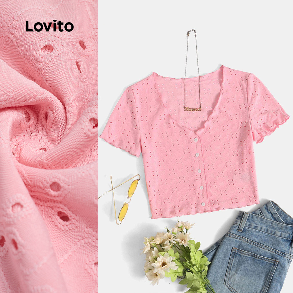 Lovito เสื้อยืดกระดุมหน้าสีพื้นแบบลําลองสําหรับผู้หญิง L129ED633