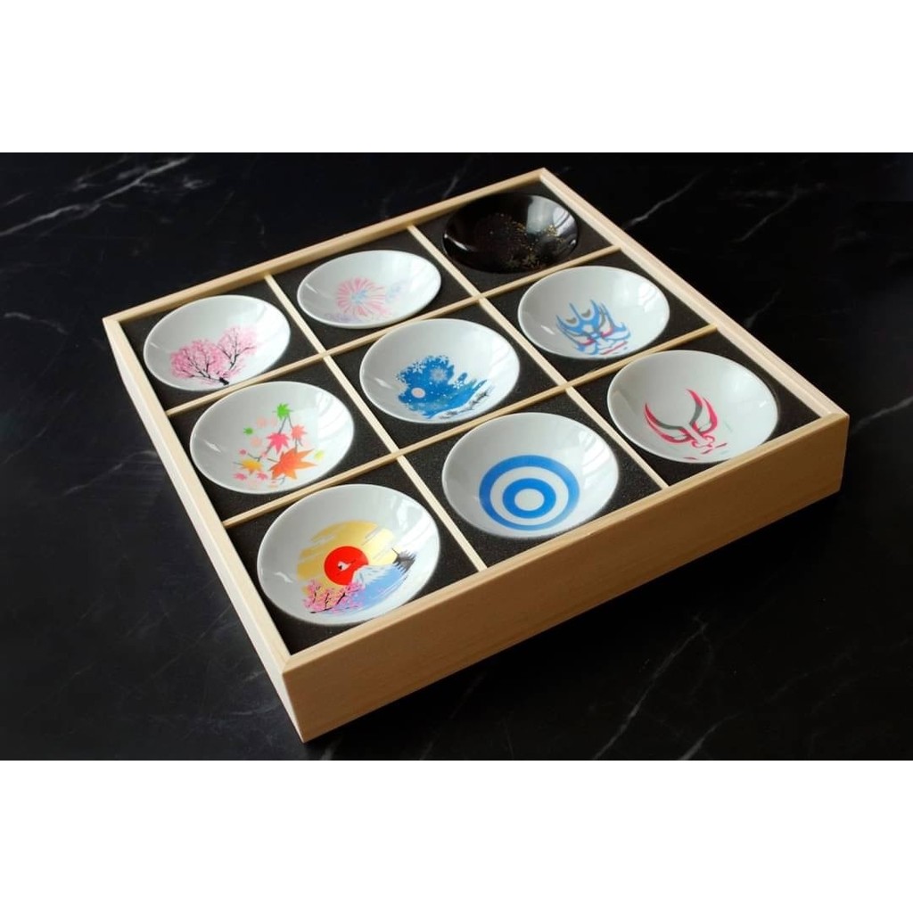 Japan Official | MARUMO TAKAGI 'Exquisite Sake Cup Set' with Wooden Frame, 9 Cold Sensation Cups / R