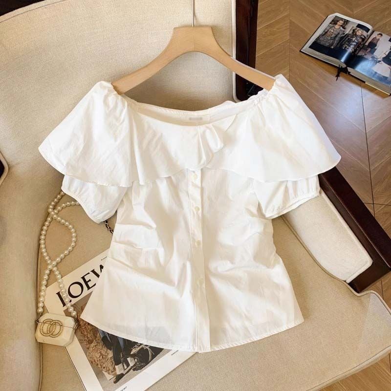 FY-เสื้อสุภาพสตรี สีทึบ ไหล่หนึ่งคำ ประเภทรุ่นหลวม สดชื่น หวาน น่ารัก แฟชั่นฤดูร้อน เวอร์ชั่นเกาหลี