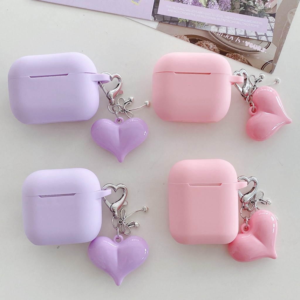 ปลอกสําหรับ แอร์พอด มือโปร 2 4 3 1 ทุกการแข่งขันสีทึบสีชมพูสีม่วงนุ่ม ทีพียู หูฟังกรณีหูฟังปกกับป้องกันการสูญหายหัวใจรักจี้ชุดหูฟังไร้สายเปลือกป้องก