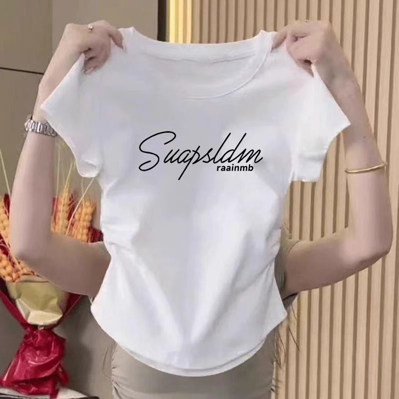 เสื้อยืดผู้หญิง เสื้อยืดรัดรูป ทรงสลิมฟิต แสดงผอม เสื้อยืดครอป เอวยางยืด ใส่สบาย คอกลม เสื้อยื เสื้อผ้าที่สาวอ้วนสวมใส่เ