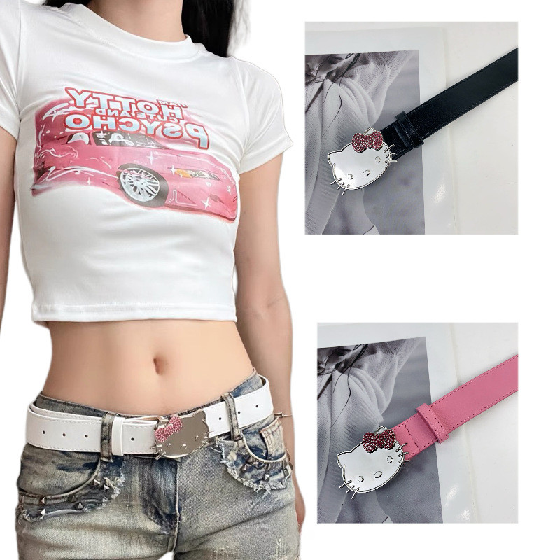 น่ารัก Rhinestone Bowknot KT แมวเข็มขัดการ์ตูน Y2k เข็มขัดหนัง PU สําหรับผู้หญิงกางเกงยีนส์อุปกรณ์เสริม