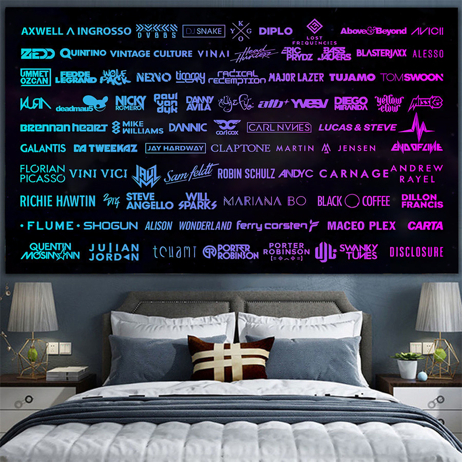 ผ้าแขวนแบรนด์ดีเจดนตรีอิเล็กทรอนิกส์ EDM ผ้ากันแสงสำหรับบ้าน ผ้าแขวนผนังสำหรับการปรับปรุงหอพัก