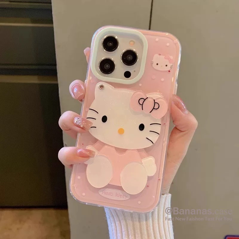 IPhone 16 15 14 13 12 11 Pro Max X Xr Xs Max 7 8 Plus SE2020 เคสโทรศัพท์น่ารักหวาน KT Cat + กระจกยืนใสนุ่มปกหลัง