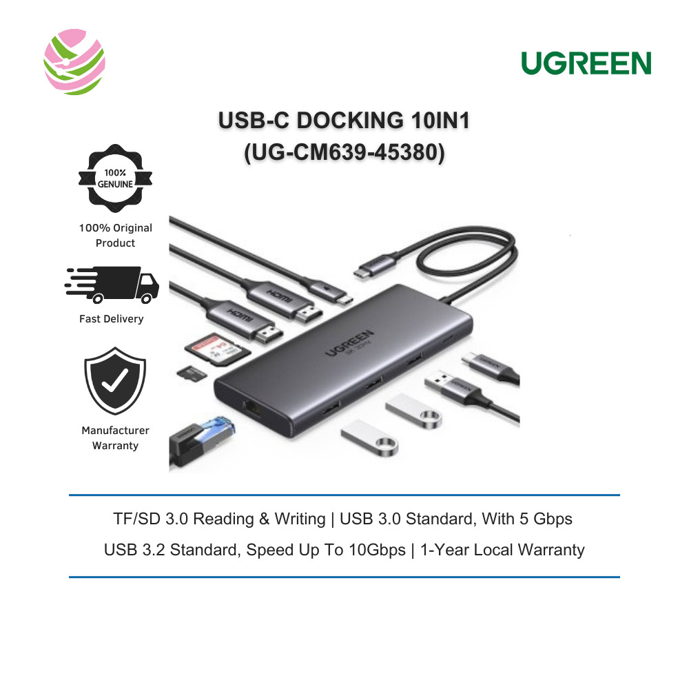 UGREEN USB-C DOCKING TO 1*USB 3.2 A+1*USB3.0A+2*USB-C 3.2+2*HDMI+1*RJ45 GIGABIT+TF/SD SLOT,PD(10IN1)
