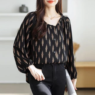 ในสต็อก Graceful Womens Long Puff Sleeve Round Neck Chiffon Top Loose Fit Ideal for Work หรือ Casual Wear