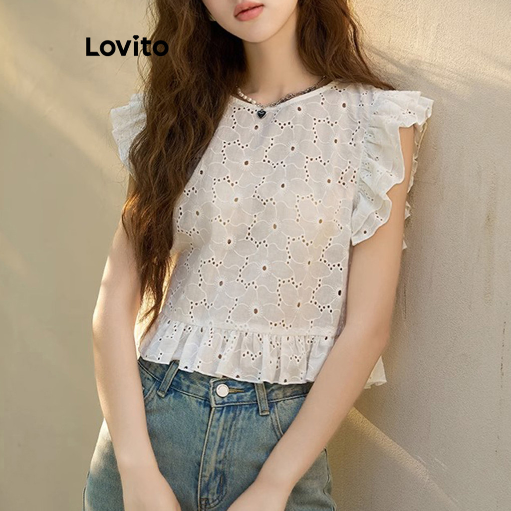 Lovito เสื้อกล้าม ปักตาไก่ แต่งระบาย ลำลอง สำหรับผู้หญิง LNE20172 (สีขาว)