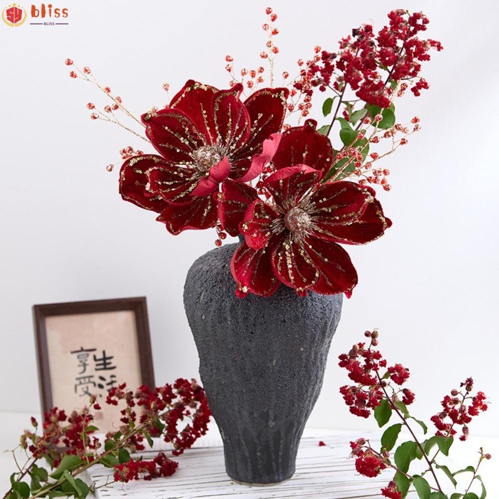 Blliss ประดิษฐ์ Poinsettia ดอกไม้แวววาว, อุปกรณ์ถ่ายภาพของขวัญคริสต์มาสดอกไม้ปลอม, เลื่อมสักหลาดปีตกแต่งงานแต่งงานจําลอง Magnolia