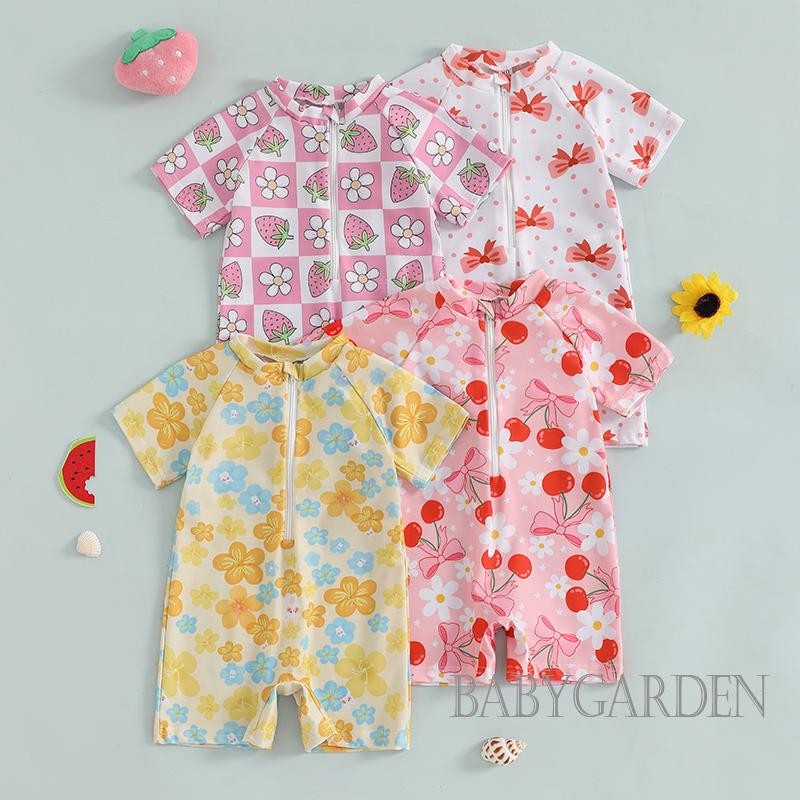 【ส่งจากไทย】 0-3years Baby Girl Rash Guard One Piece ชุดว่ายน้ํา Cherry/Bow Print Zipper Short Sleeve Zip Up ชุดว่ายน้ํา