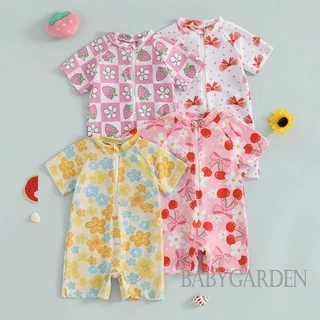 【ส่งจากไทย】 0-3years Baby Girl Rash Guard One Piece ชุดว่ายน้ํา Cherry/Bow Print Zipper Short Sleeve Zip Up ชุดว่ายน้ํา