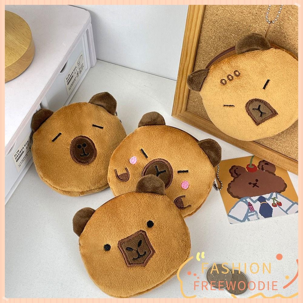 กระเป๋าใส่เหรียญ FREEWOODIE, จี้กระเป๋าทรงกลมตุ๊กตา, ซิปนุ่มน่ารักกล่อง Capybara กระเป๋าหูฟังน่ารัก