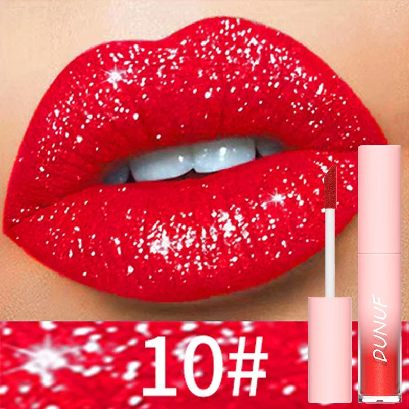 18 สีเซ็กซี่สีแดงเพชร Glitter Lip Gloss โลหะกันน้ําติดทนนาน Matte Shimmer Liquid ลิปสติกผู้หญิงแต่งหน้าเครื่องสําอาง
