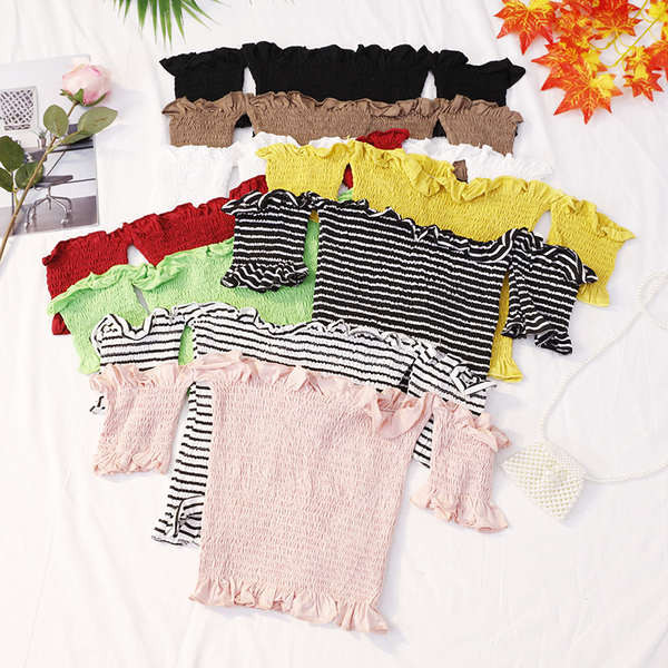 เสื้อเกาะอก การพักผ่อนริมทะเลในฤดูร้อน, หวานและเซ็กซี่, เสื้อคอนัวเนีย, เสื้อครอปแขนสั้นแบนโดปิดไหล่ เสื้อยืดทรงสกินนี่