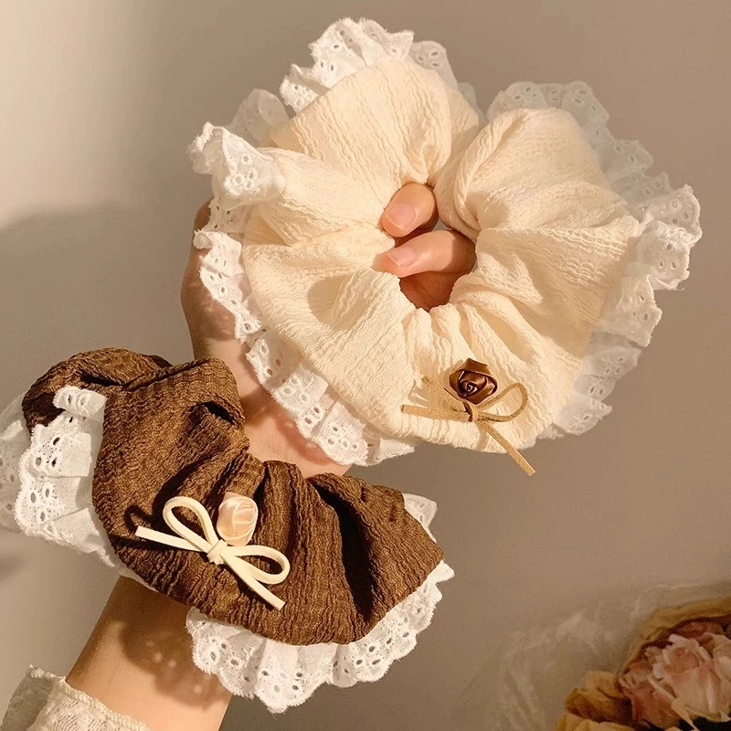 สีกากี Bowknot ลูกไม้ผมหางม้าผมแหวนหัวเชือกผูกผม Scrunchies Headwear