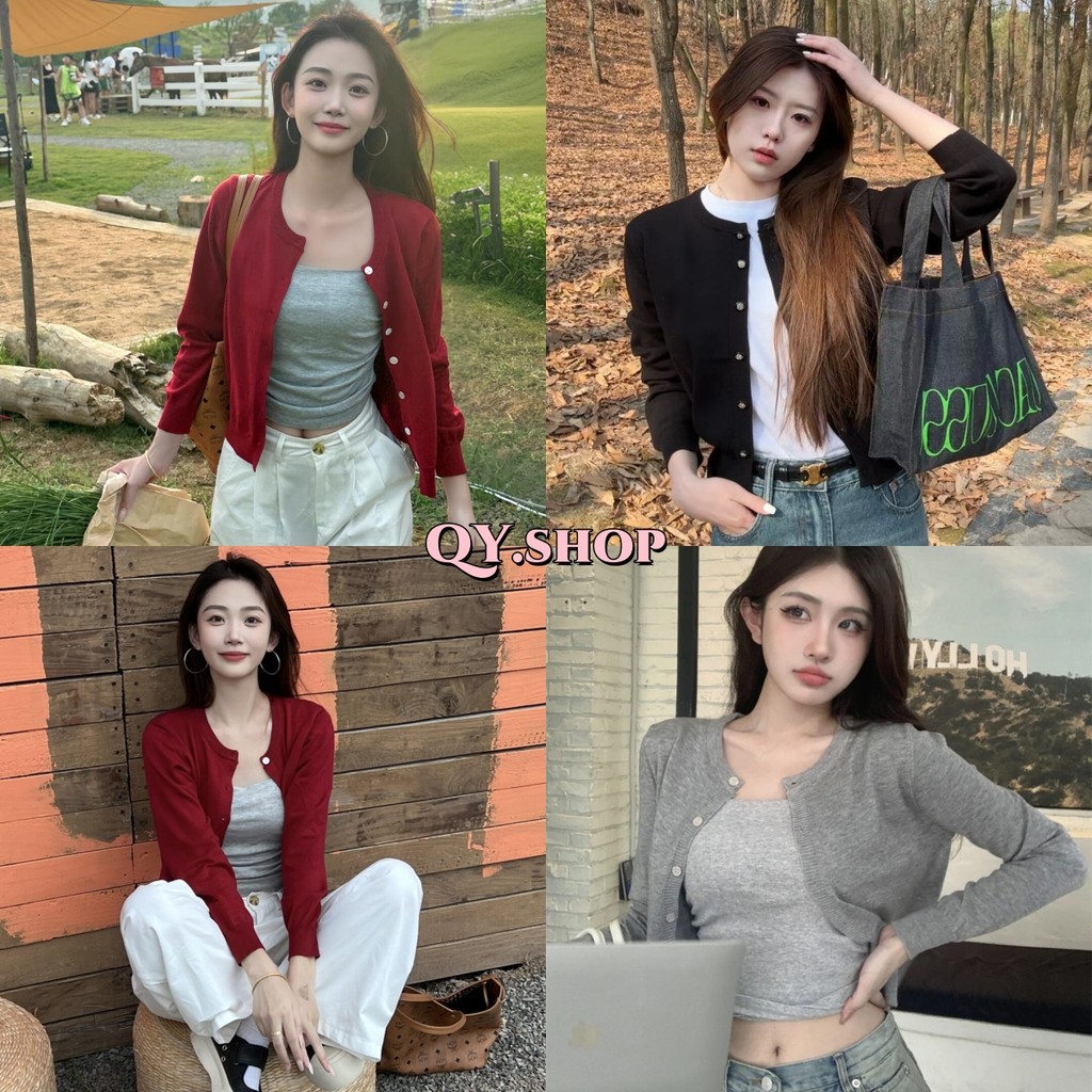 QY.Shop สินค้าราคาพิเศษ เสื้อคลุมไหมพรมแขนยาว คอกลม คาดิแกรนเกาหสีสีพื้น "D091"