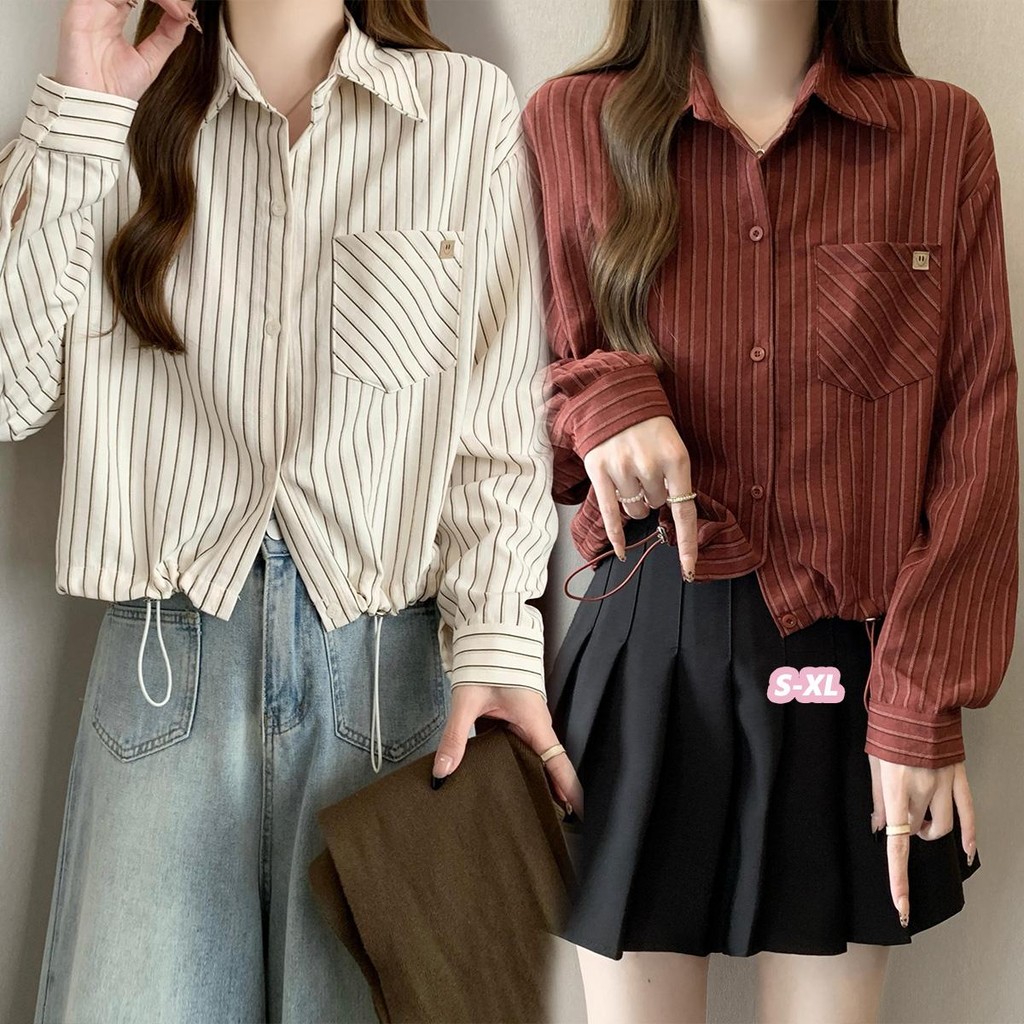 🌻Grace🌻 เสื้อแขนยาวลายทางสีแดง เสื้อสั้นสีแดง เสื้อเอวยางยืดมีเชือกรูด สว่างจ้าเสื้อ #W530 Women Clothing