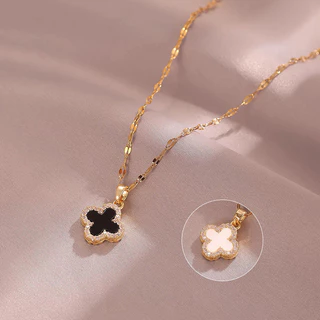 สร้อยคอไทเทเนียมเหล็กชุบ 18K ทองแท้ Micro-Inlaid Zircon จี้โคลเวอร์สี่ใบสองด้านกระดูกไหปลาร้า