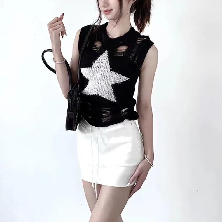 Dahong  เสื้อชั้นในสตรี ถักนิตติ้ง Summer star Tanks star jacquard ลําลองเก ๋ ถักแขนกุด Camisoles Hot Girl Top D611 - รูปที่ 6