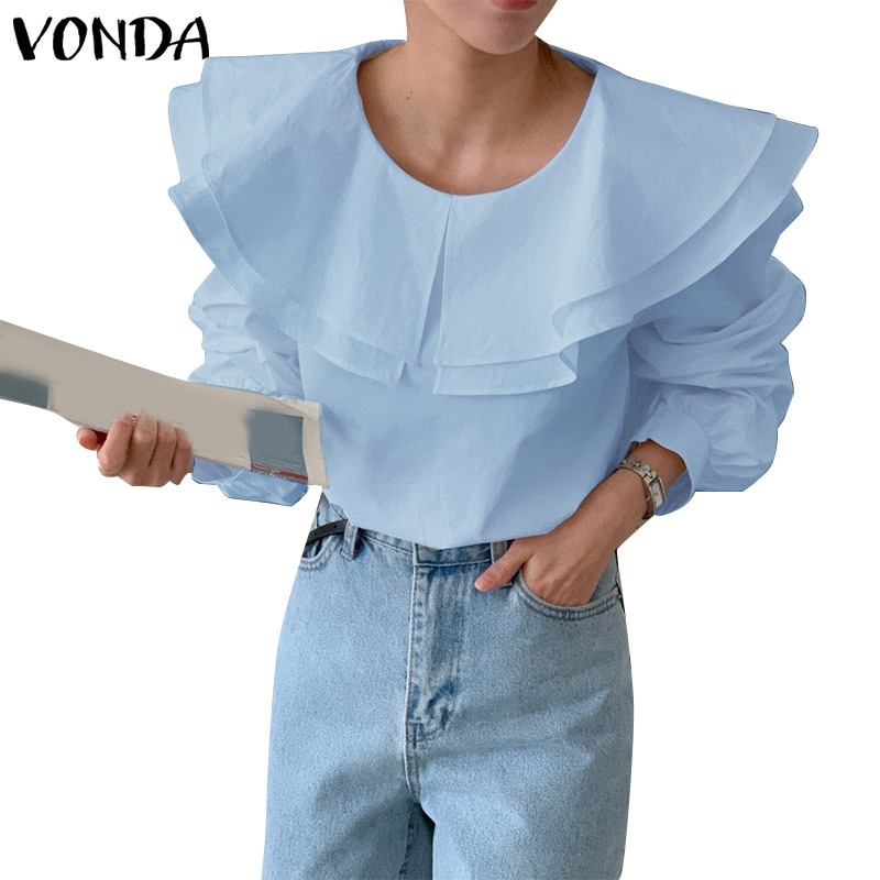 Vonda ผู้หญิงเกาหลีนัดหมายแขนยาวสีทึบออกแบบเสื้อ
