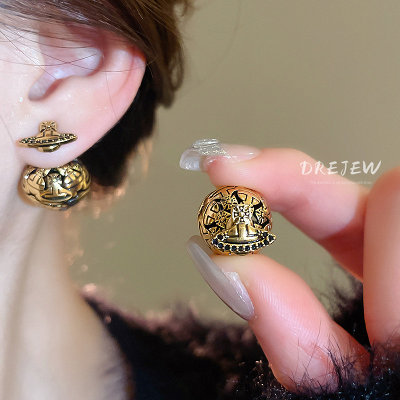 [DREJEW]เข็มเงินรอบดาวเสาร์ดาวเคราะห์สองสวมสตั๊ด Retro niche ต่างหูทุกการแข่งขัน