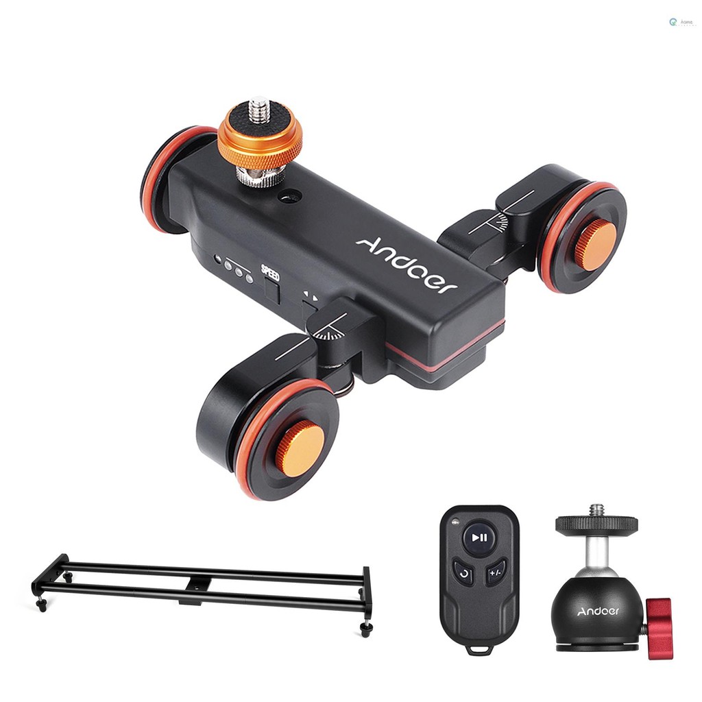 Andoer กล้องวิดีโอ Dolly Slider ชุด 3 ล้อ Auto Dolly รถ 3 ความเร็วปรับได้ + 60 ซม./23.6in รางกล้อง Slider + อะแดปเตอร์หัวบอลแบบยืดหยุ่นพร้อม Wirelss รีโมทคอนโทรล f