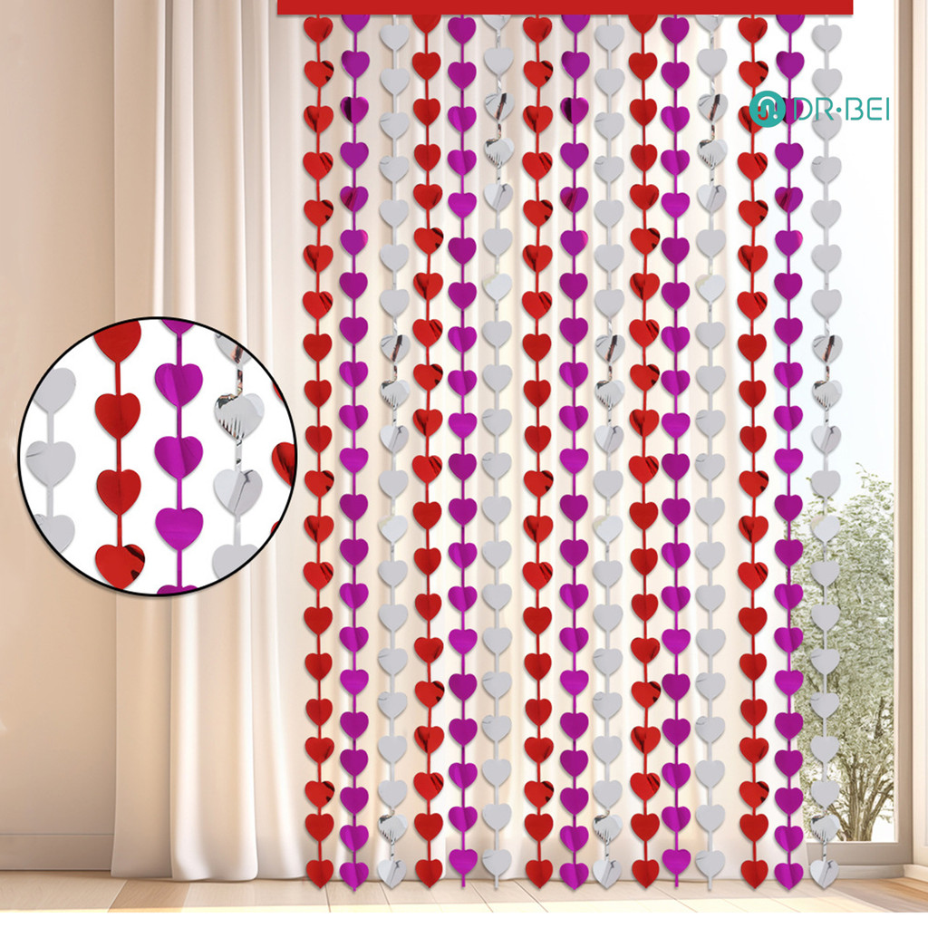 Dr.bei Heart Tinsel Curtain สีแดงสีม่วงเงินหัวใจฟอยล์ Fringe ผ้าม่าน Love Heart Streamers สําหรับวันวาเลนไทน์ครบรอบงานแต่งงานตกแต่ง