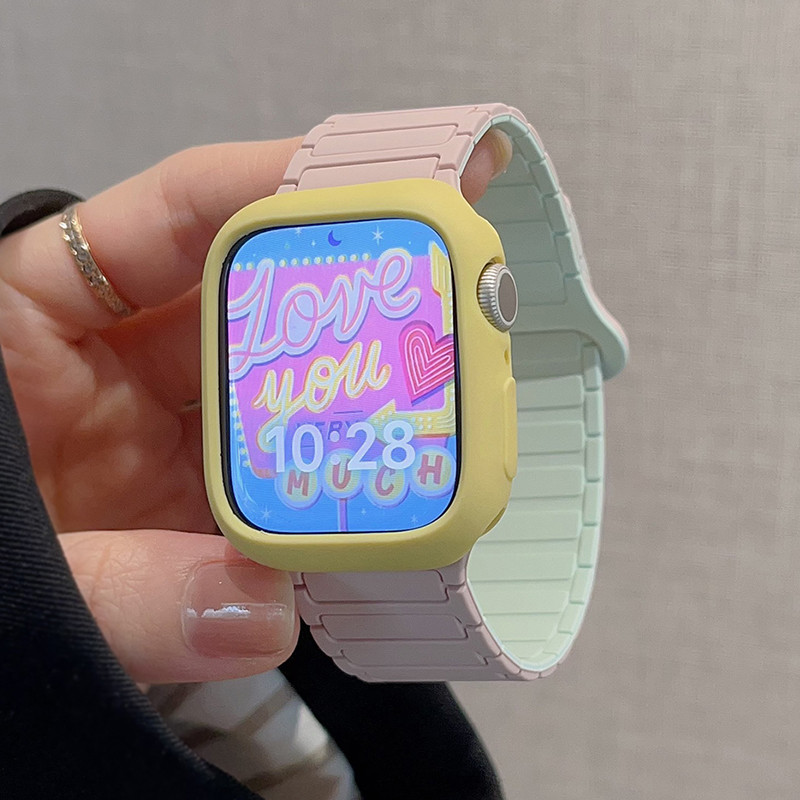 สายแม่เหล็กสีลูกกวาดพร้อมเคส สำหรับ Apple Watch Series 11 10 9 8 7 6 5 4 3 SE Ultra 2 3 ขนาด 38 40 41 42 44 45 46 49 มม. อุปกรณ์นาฬิกา