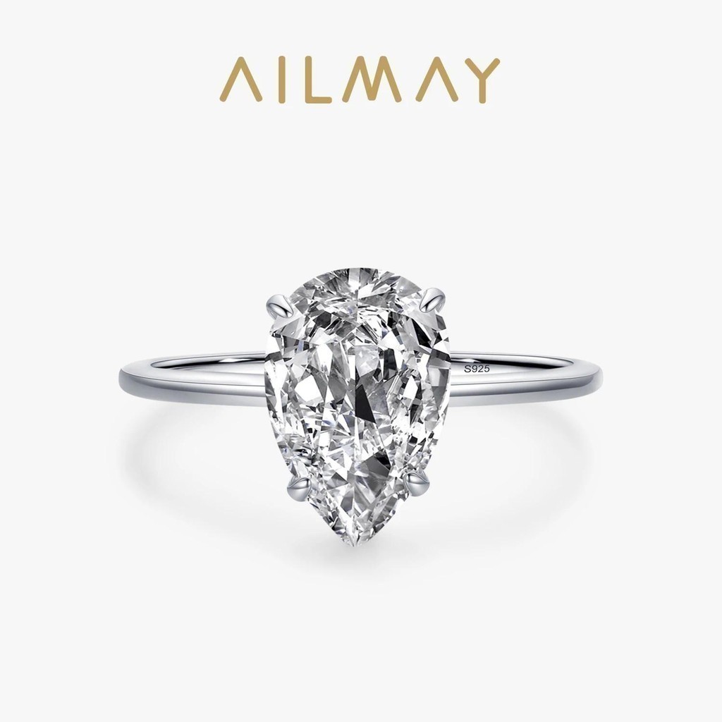Ailmay 925 เงินหรูหรา 3ct Pear Clear Zircon แหวนนิ้วมือสําหรับผู้หญิงเครื่องประดับของขวัญ