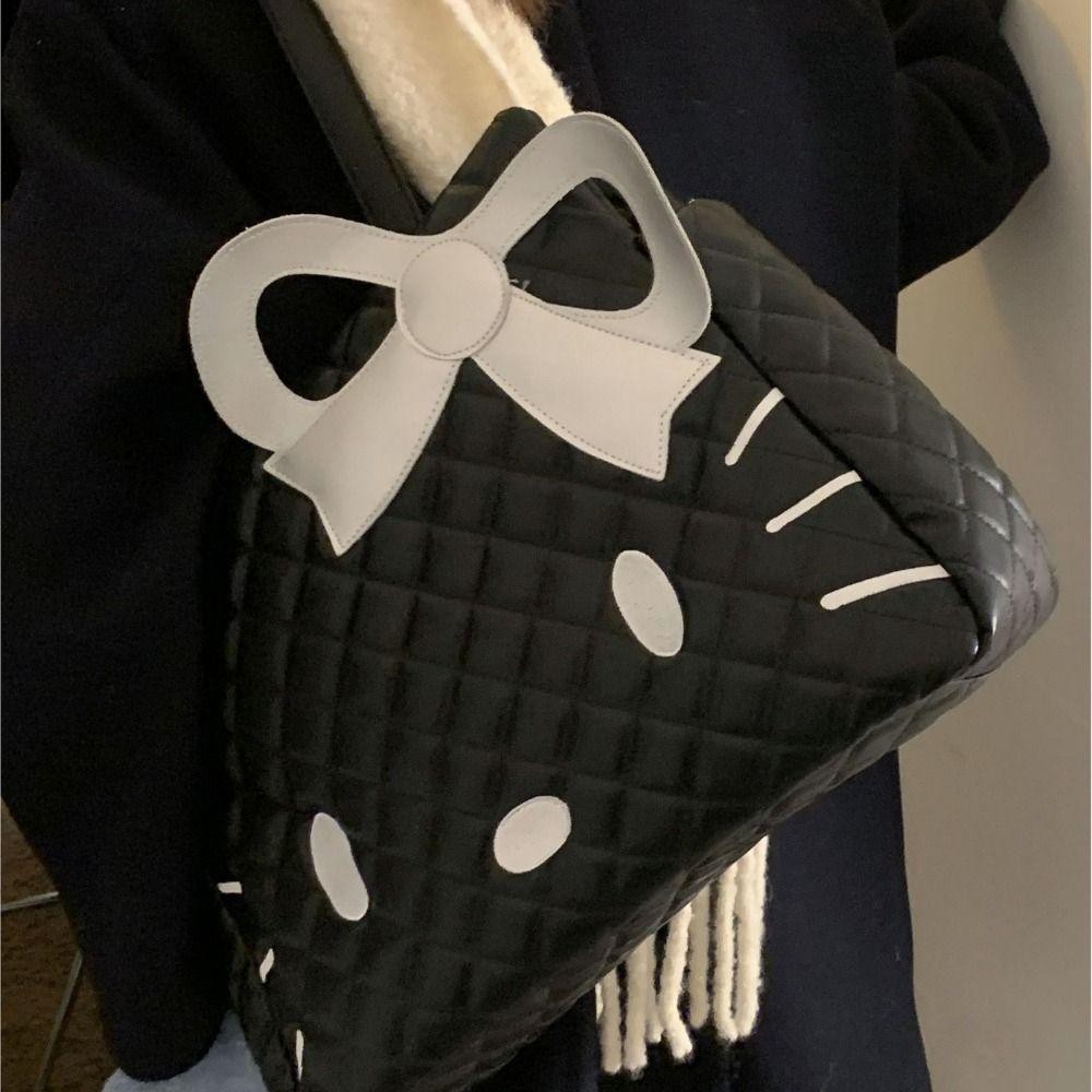 กระเป๋าสะพายแมวคิตตี้ IVORY, กระเป๋าถือการ์ตูนหนัง PU Bow, Casual Japanese Style Anime Large Capacity KT Cat Tote Bag Student