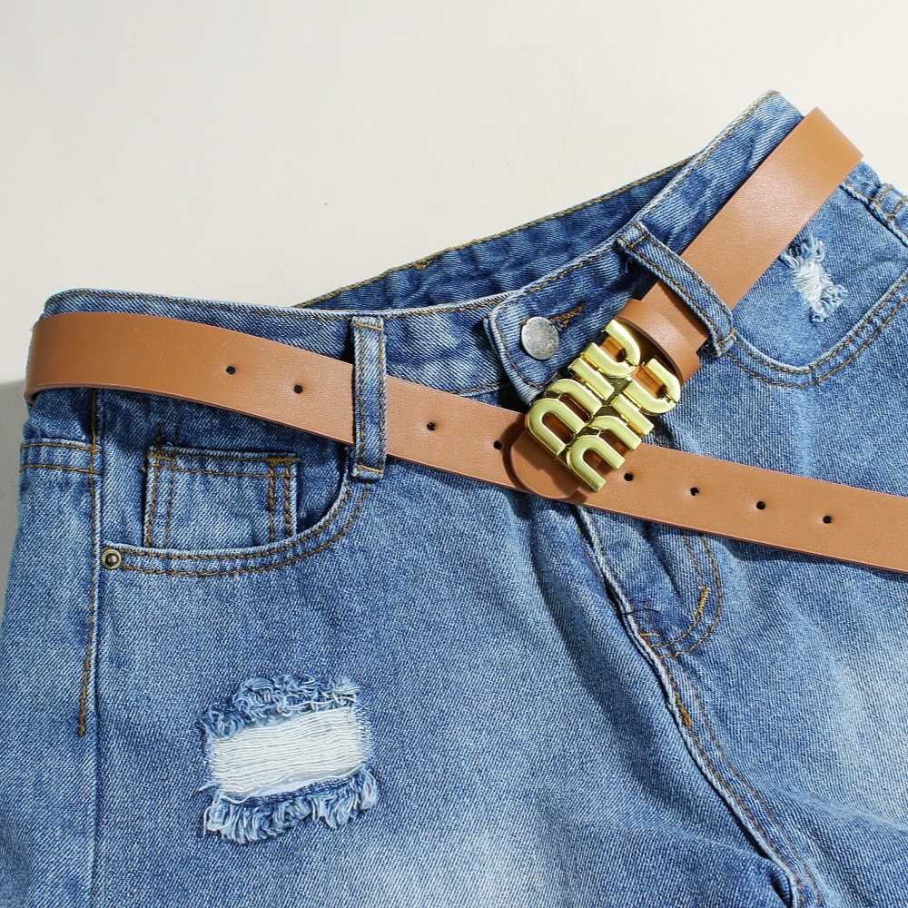 New Retro miu Home 2.8 Womens Thin Belt Smooth Buckle Brown/Khaki Belt (มีวิดีโอ)