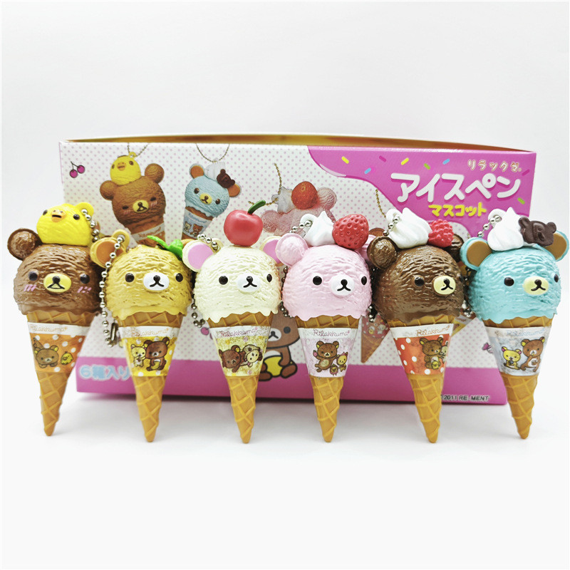 6 ชิ้น/เซ็ต 8 ซม.อะนิเมะ Rilakkuma ไอศกรีมกรวยเค้กโทรศัพท์มือถือ Chain Relaxed Bear รุ่น Q PVC ตัวเลขการกระทําตุ๊กตาของเล่น
