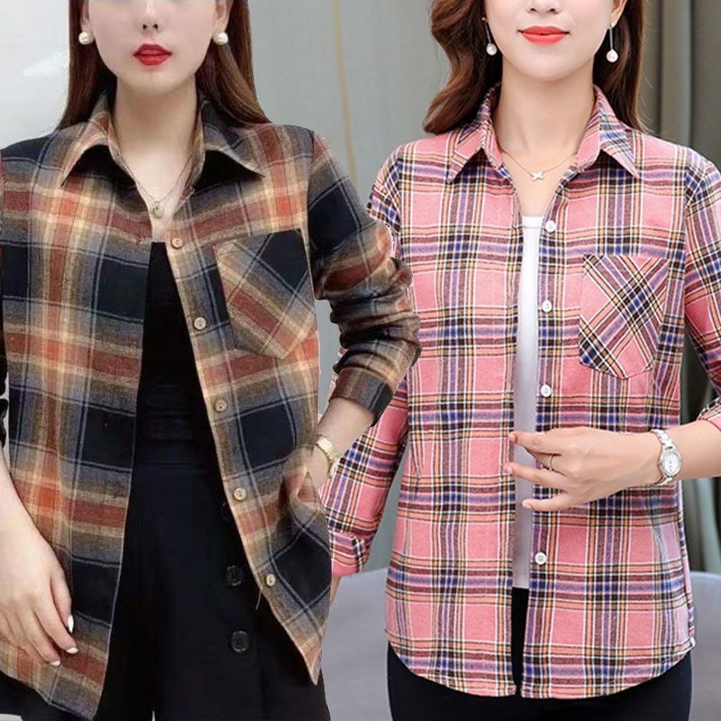 แม่เสื้อเชิ้ตแขนยาวบางหลวมขนาดใหญ่ฤดูใบไม้ผลิฤดูใบไม้ร่วงเสื้อลายสก๊อต - รูปที่ 7