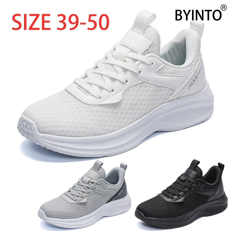 ขนาดใหญ่ 39-50 Breathable Fly ทอผ้าตาข่ายผู้ชายกีฬารองเท้าวิ่ง Ultralight Cushioned ชายรองเท้าผ้าใบ Anti-Slip Soft Sole เดินรองเท้า Comfort Jogging Trainers สีขาวสีเทาสีดํา