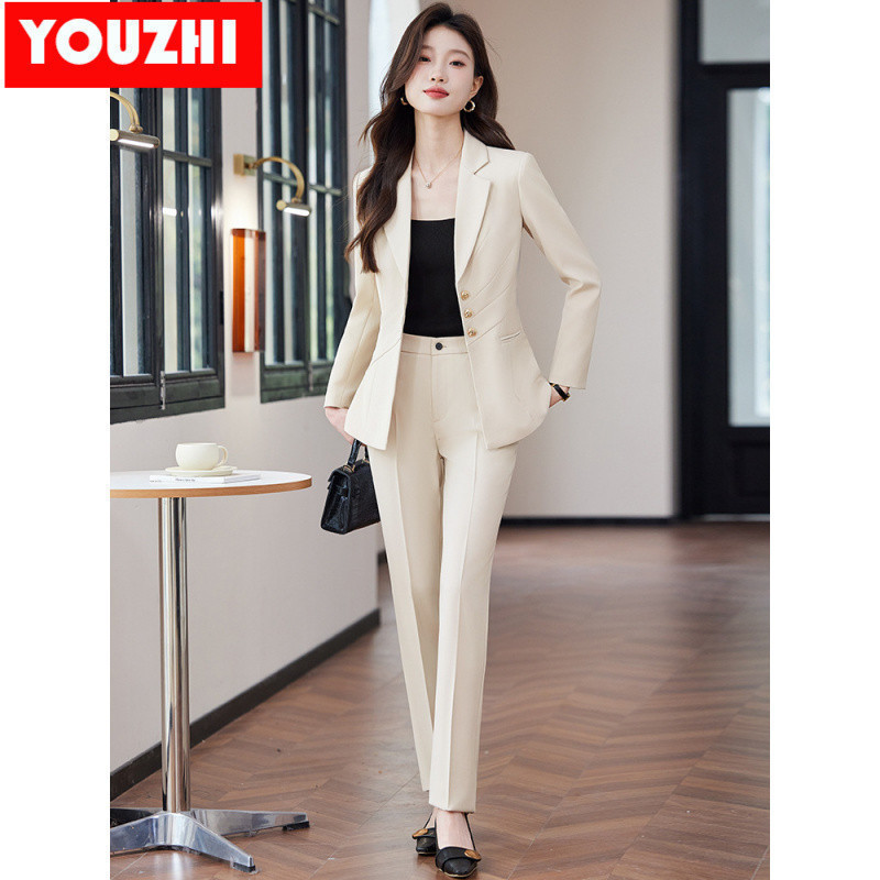 ใหม่ผู้หญิงสํานักงานแฟชั่นคุณภาพสูงมืออาชีพเสื้อแขนยาวกางเกงชุดธุรกิจ 6810