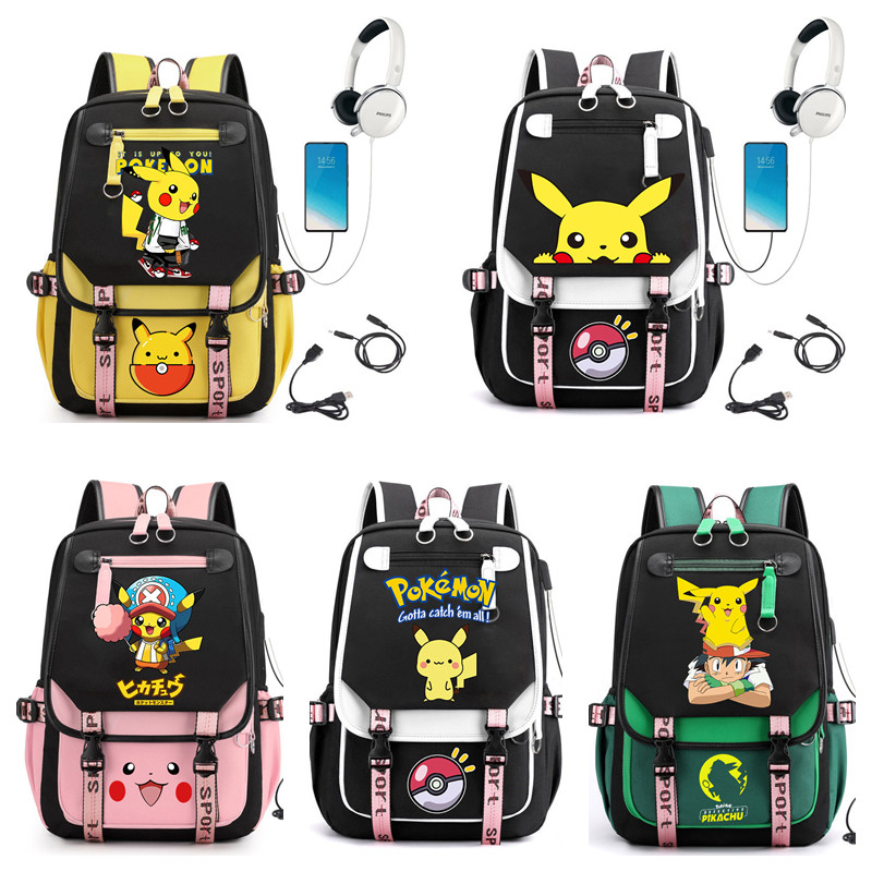 Anime Pikachu Backpack Pokemon Laptop Bagpack Travel Bag (อินเทอร์เฟซ USB และหูฟัง)