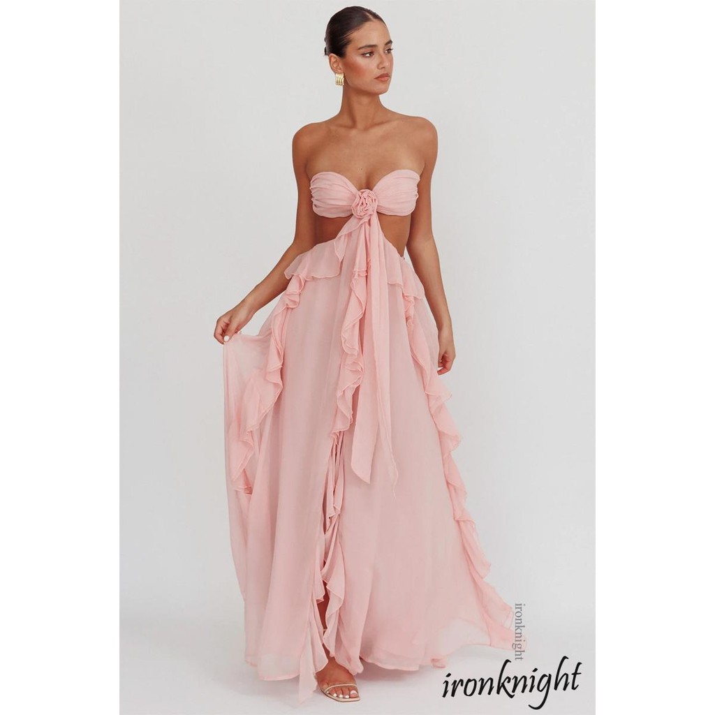 Ironknight-ชุดสตรี Cutout Ball Gown แขนกุด Tie กลับสีทึบ Ruffle Summer Party Dress
