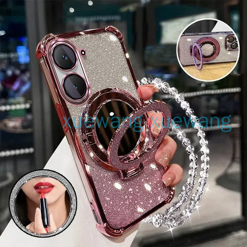 ปลอกสําหรับ Vivo Y03 4G Y18 Y18E Y37 สี่มุมกันกระแทกเคสโทรศัพท์ 3D แต่งหน้ากระจกผู้ถือสร้อยข้อมือใหม