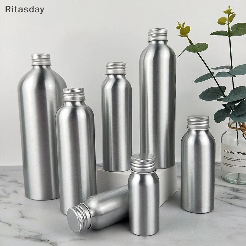 Ritasday 30ml-250ml ขวดอลูมิเนียมสีเงินพร้อมสกรูน้ําหอมเครื่องสําอางโทนเนอร์ขวดน้ํา Travel Protable ขวดรีฟิลใหม่