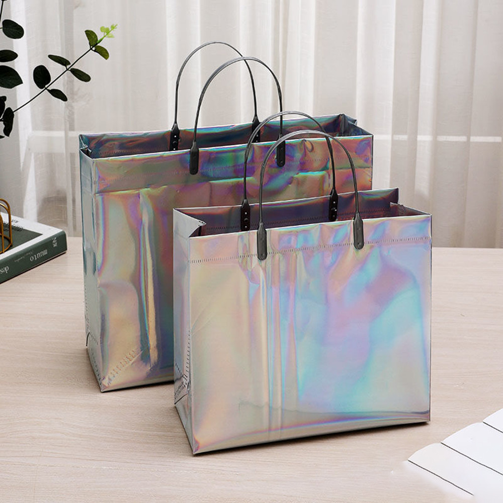 1 ชิ้น PVC โฮโลแกรม Tote กระเป๋าจับ Shimmery เลเซอร์ Beach Party Favor กระเป๋านํากลับมาใช้ใหม่สําหรับวันหยุด Travel Pool