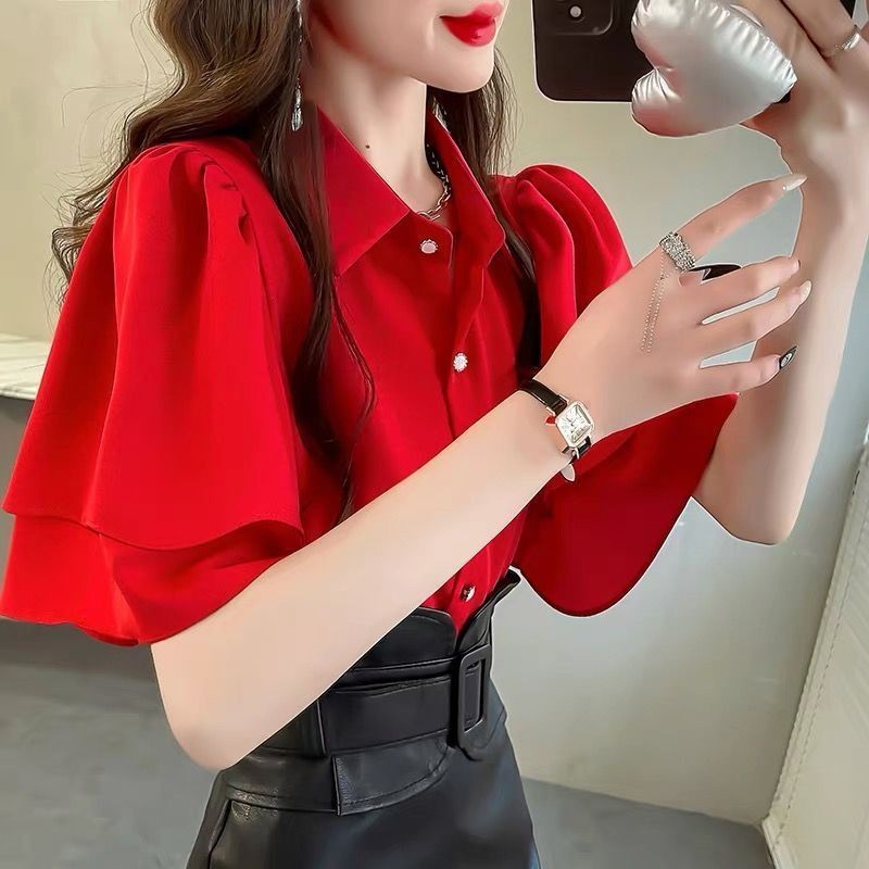 แฟชั่นฤดูร้อน สไตล์ใหม่ เสื้อเชิ้ตแขนฟูหลวมสวยงาม เรียบง่าย สบาย สลิมมิ่ง คอปกพับ ระบายแขนสั้น ชิฟฟอน เสื้อผู้หญิง