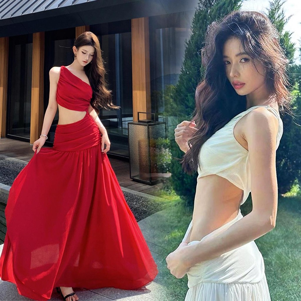 Chili Koko ชุดเดรสยาวเปิดไหล่สีขาวสไตล์เกาหลีสำหรับผู้หญิง ชุดเดรสวันหยุดริมทะเล เอวที่เปิดเผย99061